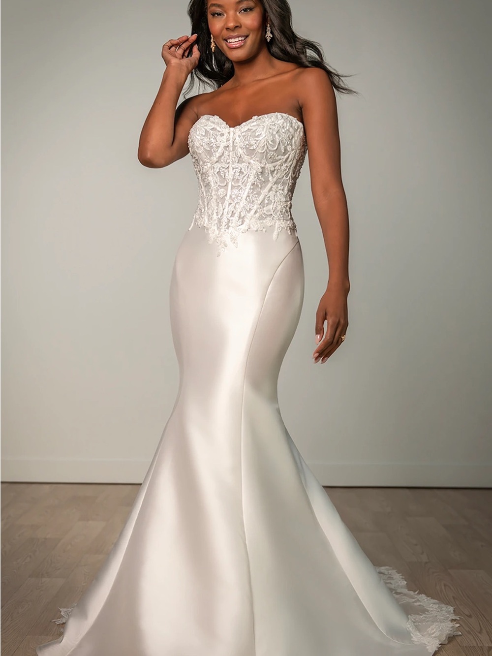 Stella York strapless mikado fit & flare wedding dress with corset bodice SY8163
